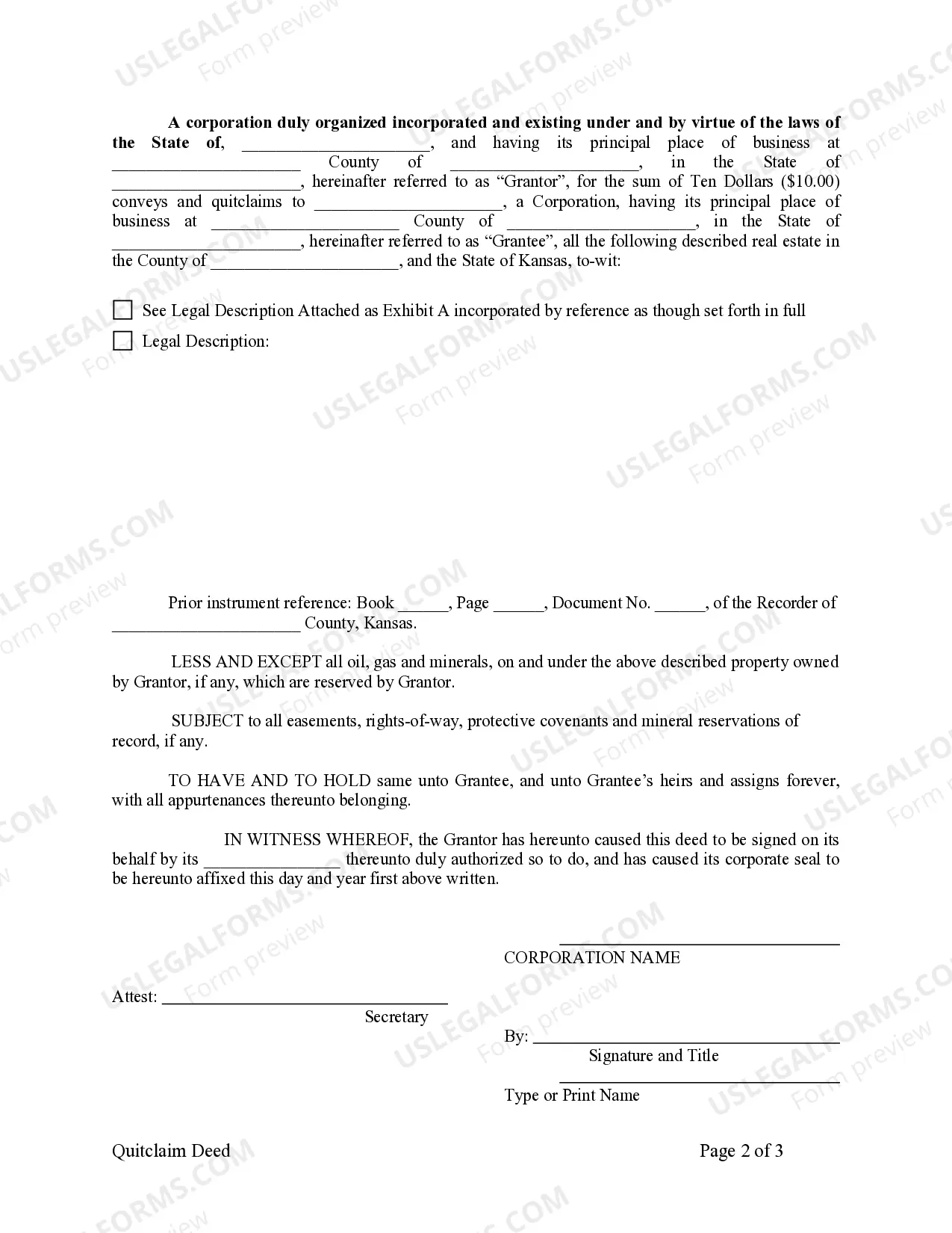Preview Quitclaim Deed from Corporation to Corporation