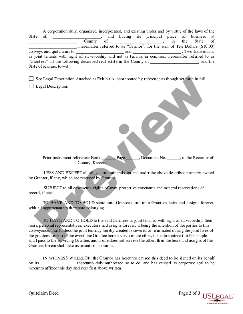 Kansas Quitclaim Deed from Corporation to Two Individuals | US Legal Forms