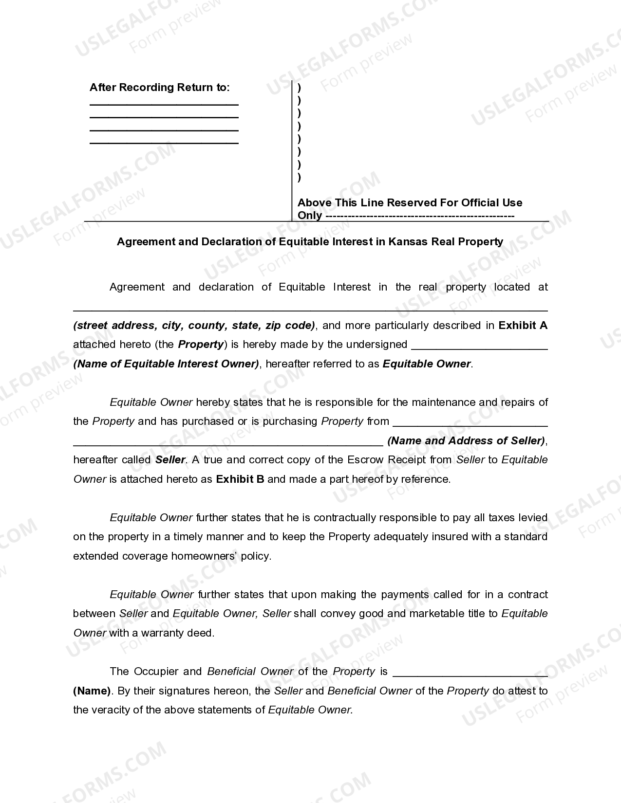 Agreement and Declaration of Equitable Interest in Kansas Real Property