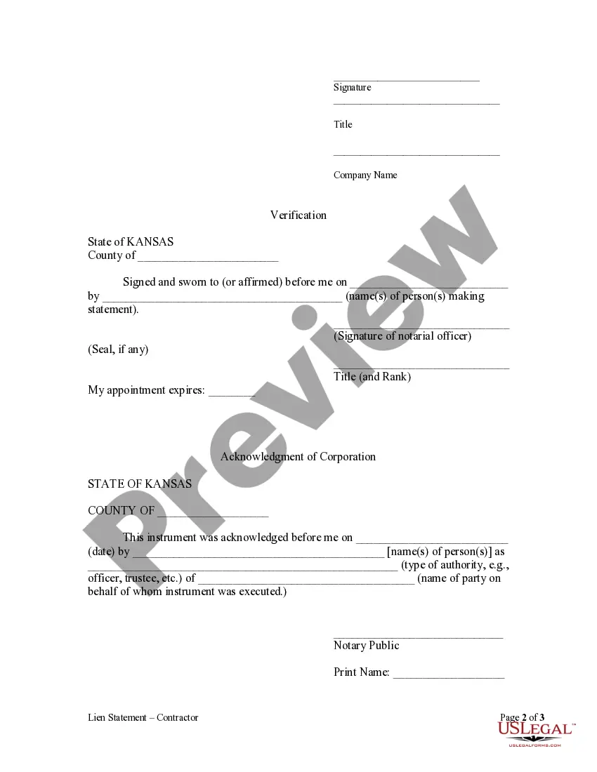 Preview Lien Statement by Contractor as Corporation or LLC