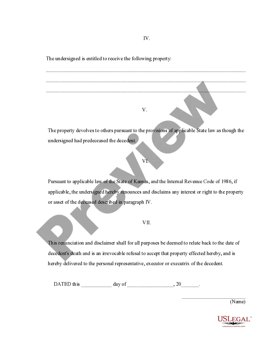 Preview Kansas Renunciation and Disclaimer of Property from Life Insurance or Annuity Contract