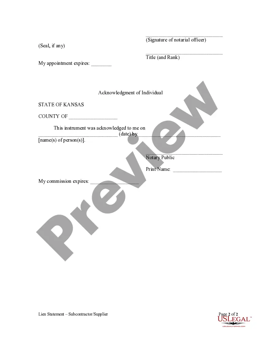 Preview Lien Statement - Subcontractor - Individual