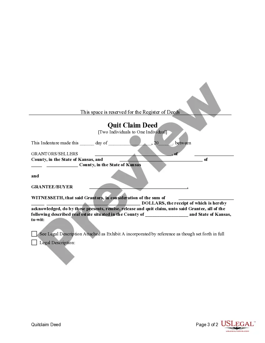 Preview Quitclaim Deed from Two Individual Grantors to One Individual Grantee