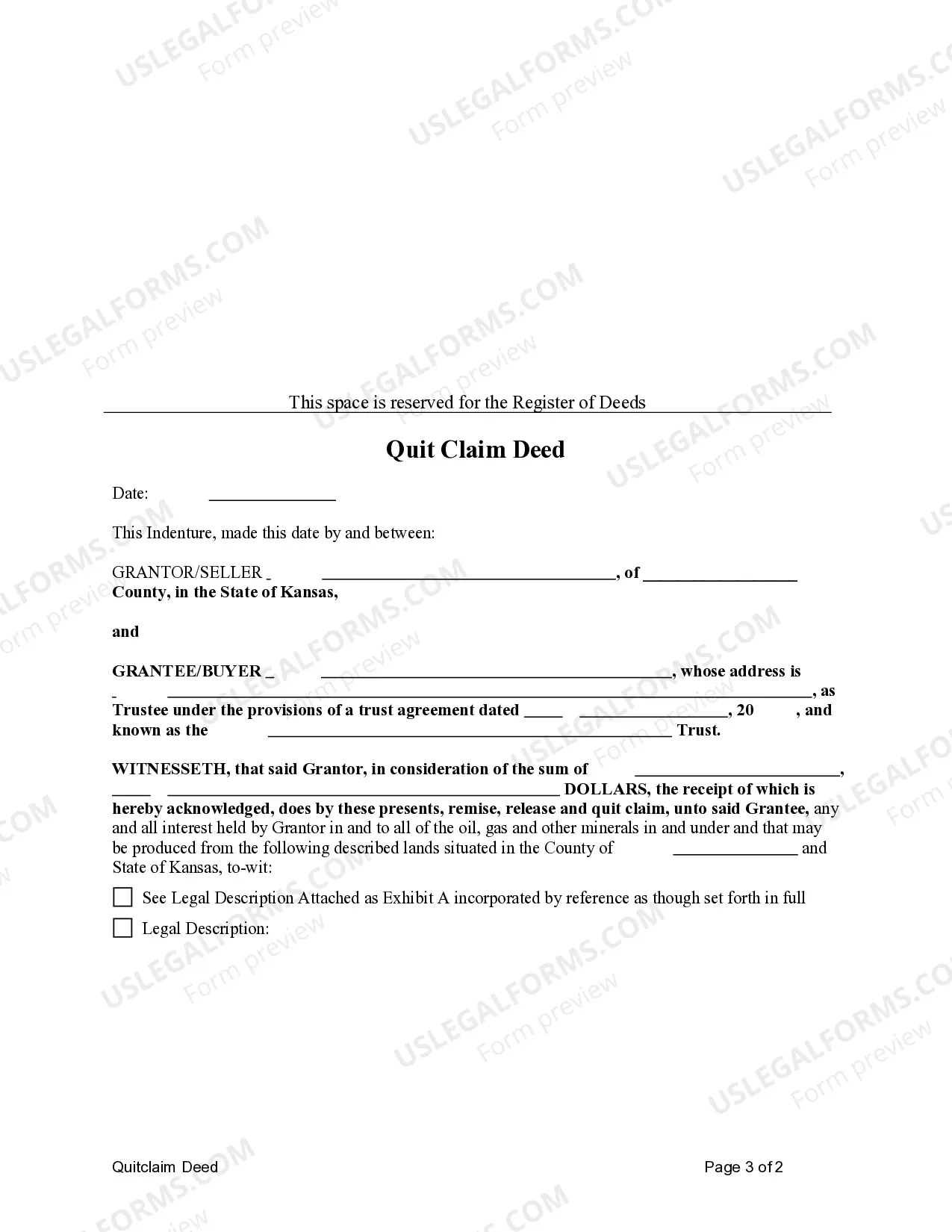 Preview Quitclaim Deed - Oil, Gas and Mineral Rights - Individual to Trust