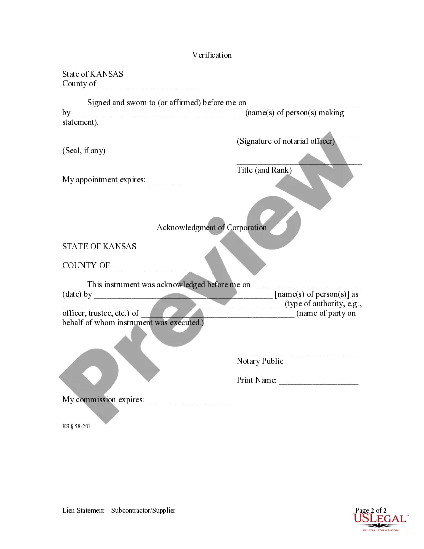 Preview Lien Statement for Subcontractor by Corporation or LLC
