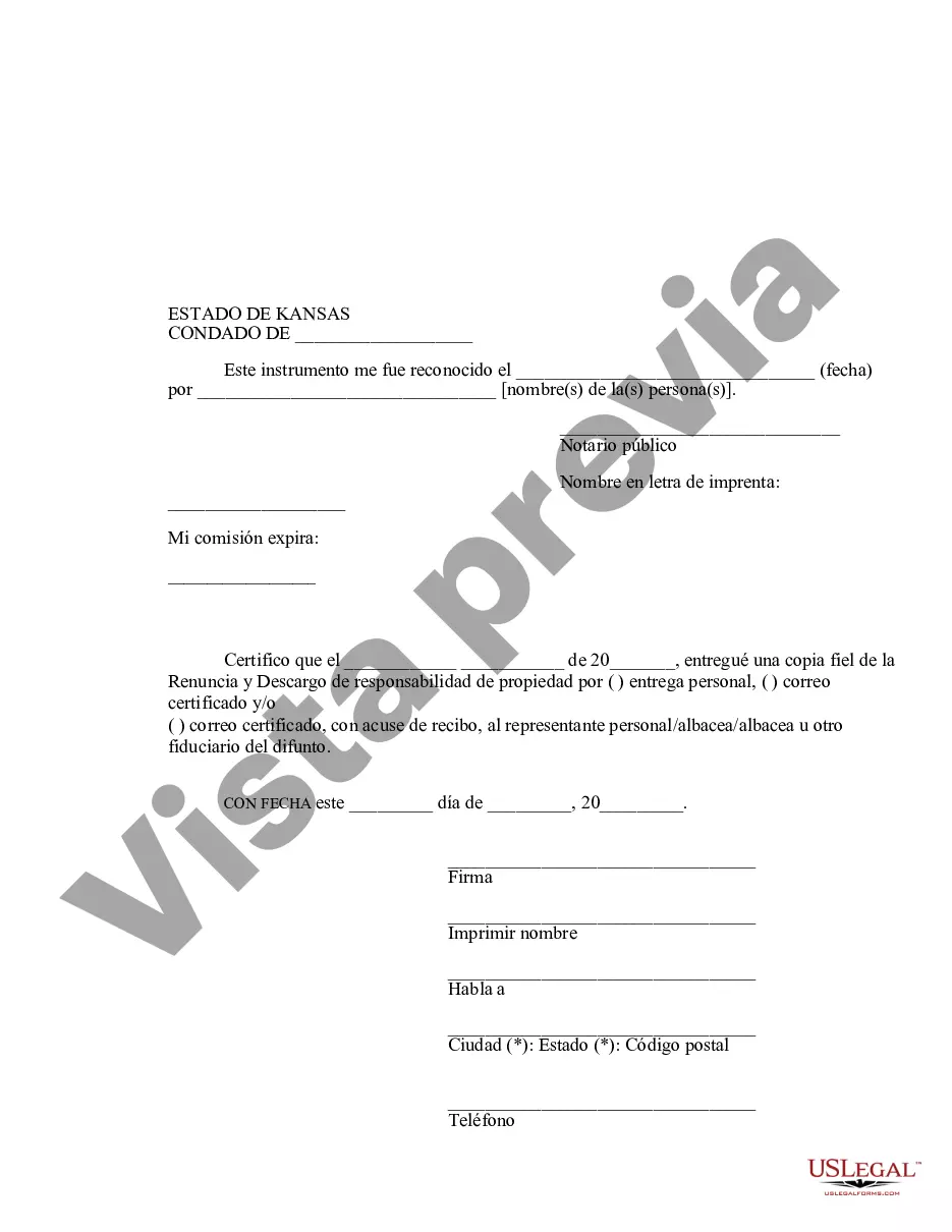 Preview Renuncia y descargo de responsabilidad de inquilino conjunto o interés de arrendamiento de Kansas