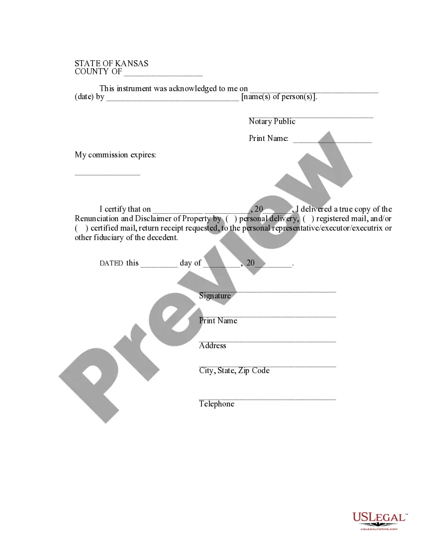 Get Kansas Renunciation and Disclaimer of Joint Tenant or Tenancy Interest Preview Kansas Renunciation and Disclaimer of Joint Tenant or Tenancy Interest
