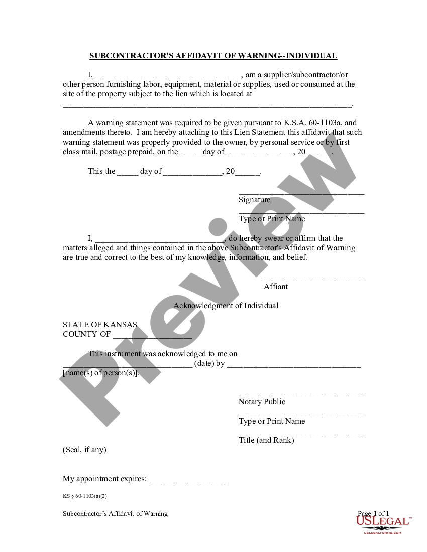 Kansas Subcontractor's Affidavit of Warning - Individual - Ks Affidavit ...