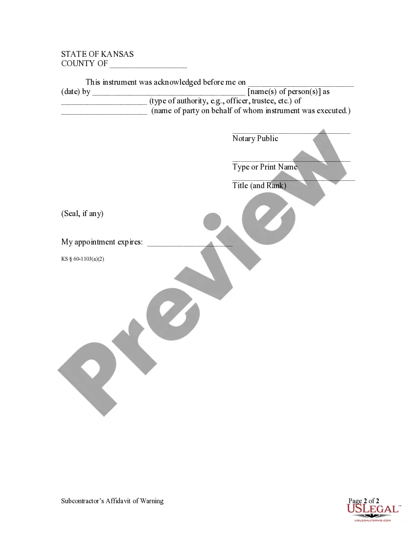 Get Subcontractor's Affidavit of Warning by Corporation or LLC Preview Subcontractor's Affidavit of Warning by Corporation or LLC
