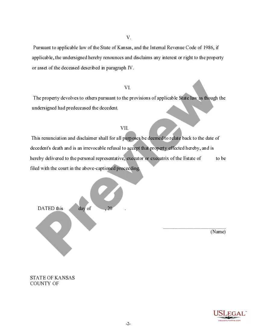 Get Kansas Renunciation and Disclaimer of Property received by Intestate Succession Preview Kansas Renunciation and Disclaimer of Property received by Intestate Succession