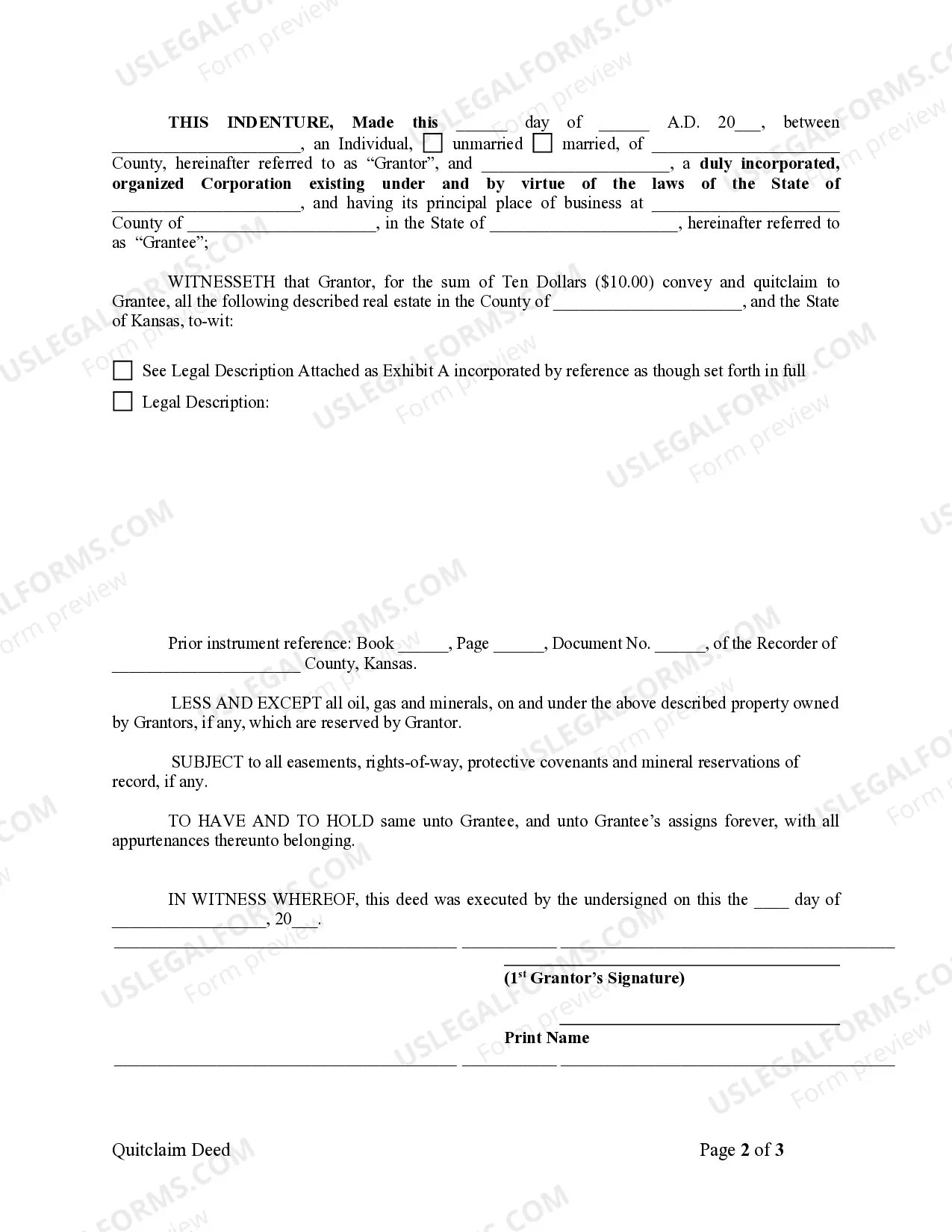 Preview Quitclaim Deed from Individual to Corporation