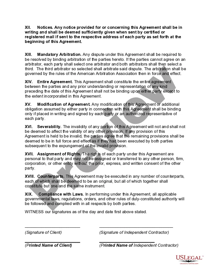 Preview Contract with Independent Contractor to Perform Advertising Services to a Financial Services Business