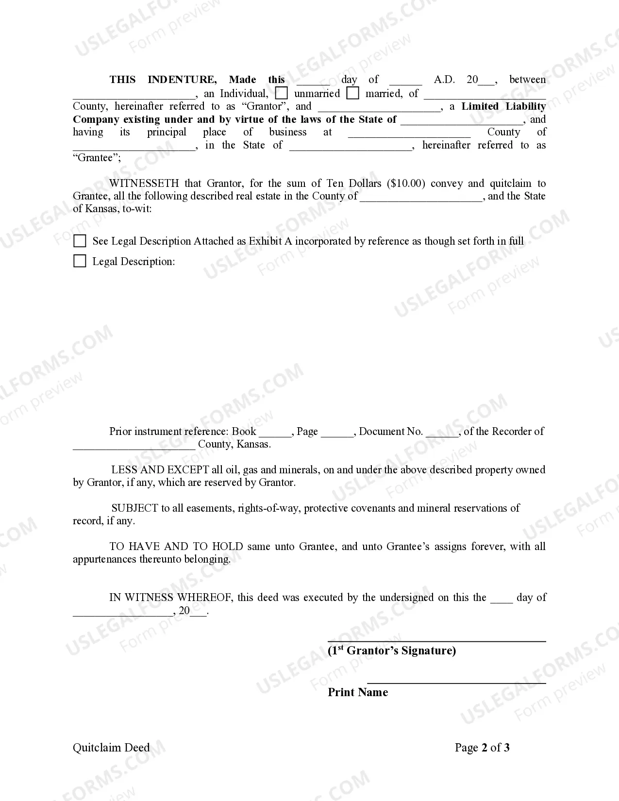 Preview Quitclaim Deed from Individual to LLC