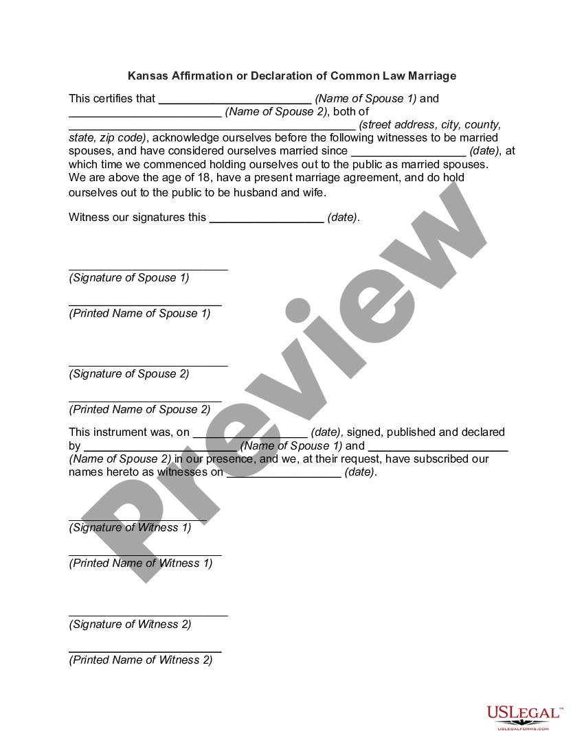 Kansas Affirmation Or Declaration Of Common Law Marriage Kansas Law Us Legal Forms 7086