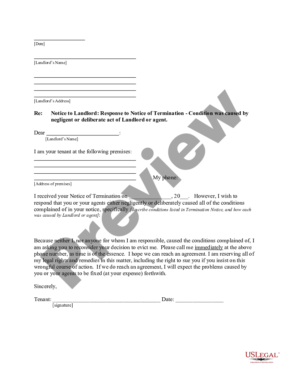 page 0 Letter from Tenant to Landlord responding to Notice to Terminate for Noncompliance - Noncompliant condition caused by Landlord's own deliberate or negligent act preview