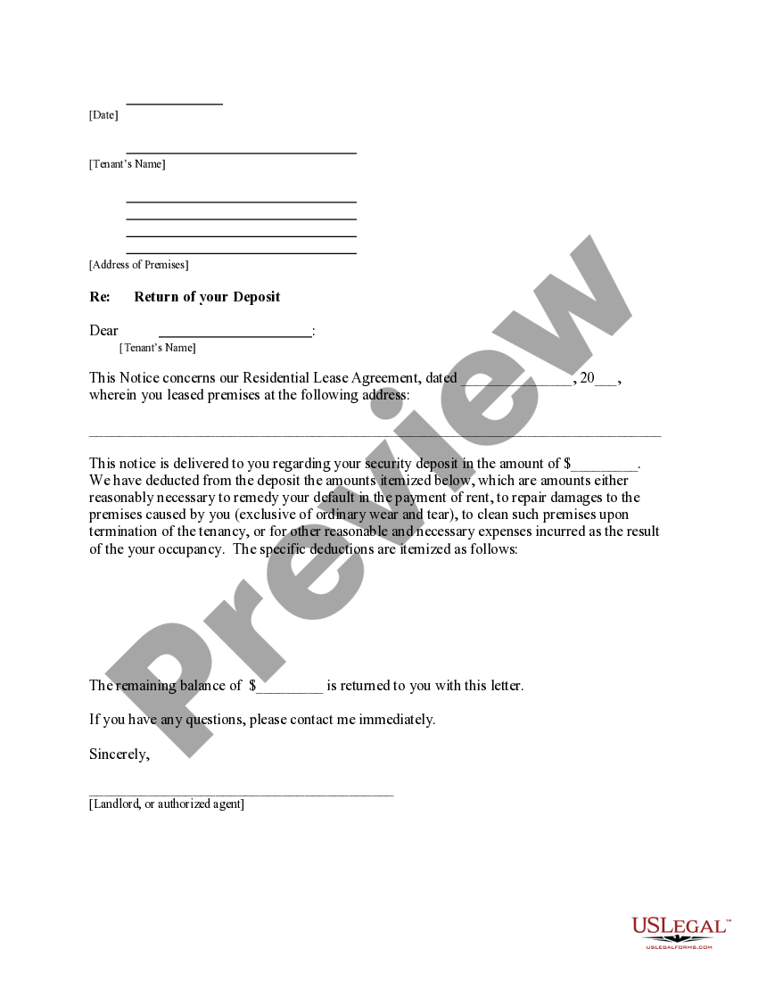 Kansas Letter from Landlord to Tenant Returning security deposit less deductions Security