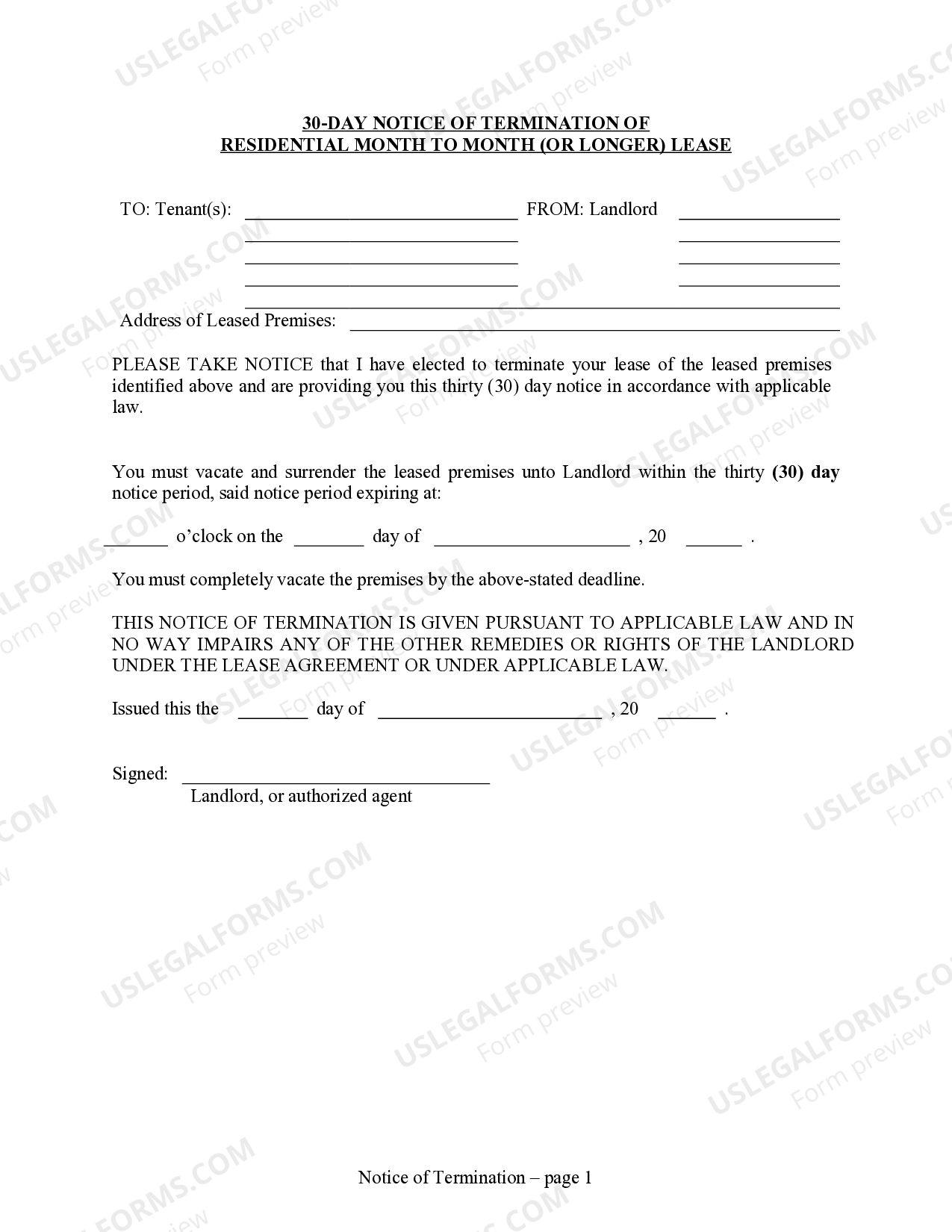 Kansas 30 Day Notice to Terminate Monthto Notice Landlord Tenant US Legal Forms