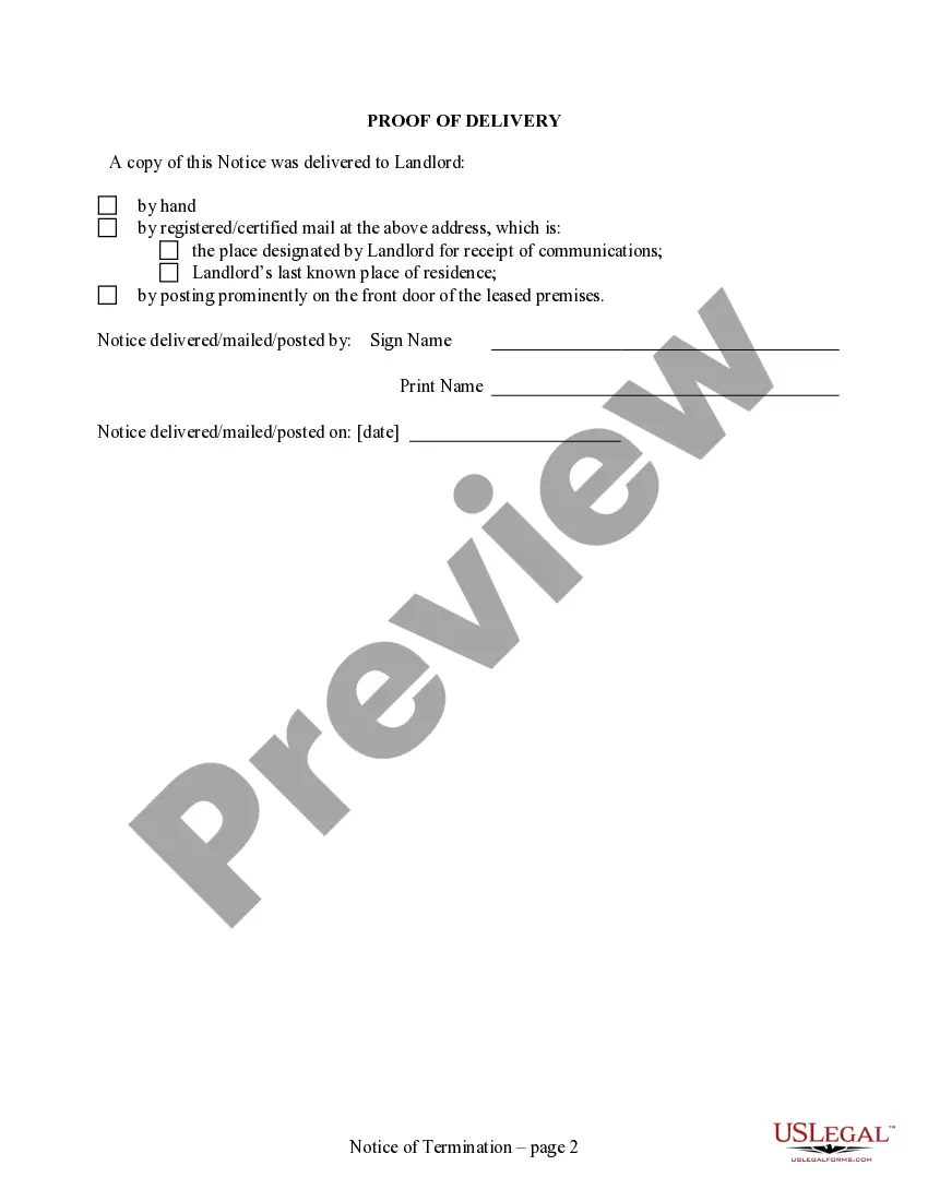 Preview 30 Day Notice to Terminate Month-to-Month or Longer Lease for Residential from Tenant to Landlord