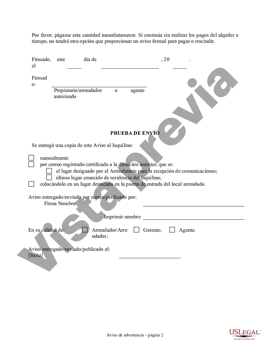 Preview Aviso de incumplimiento en el pago del alquiler como advertencia previa a la demanda de pago o rescisión de la propiedad residencial