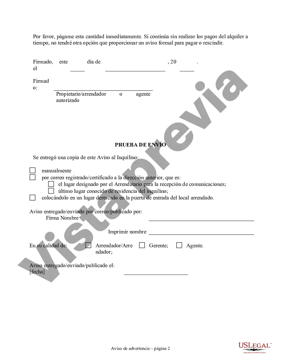 Preview Aviso de Incumplimiento en el Pago del Alquiler como Advertencia Antes de la Demanda de Pago o Terminación de Propiedad No Residencial o Comercial
