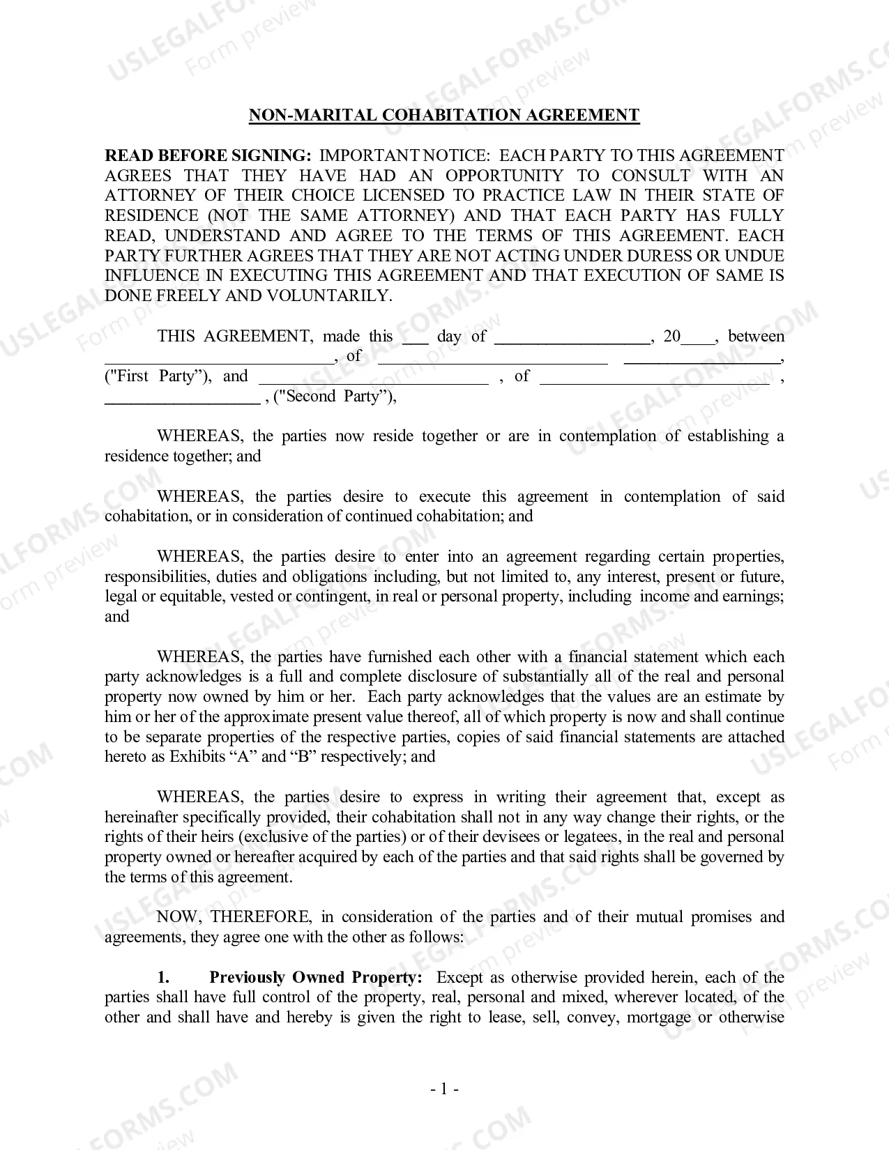 Preview Non-Marital Cohabitation Living Together Agreement