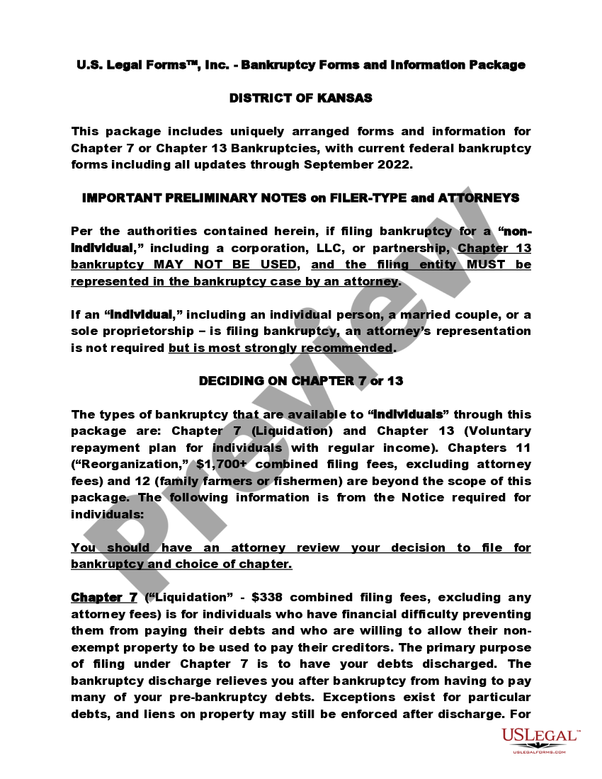 Kansas Bankruptcy Guide And Forms Package For Chapters 7 Or 13 US 
