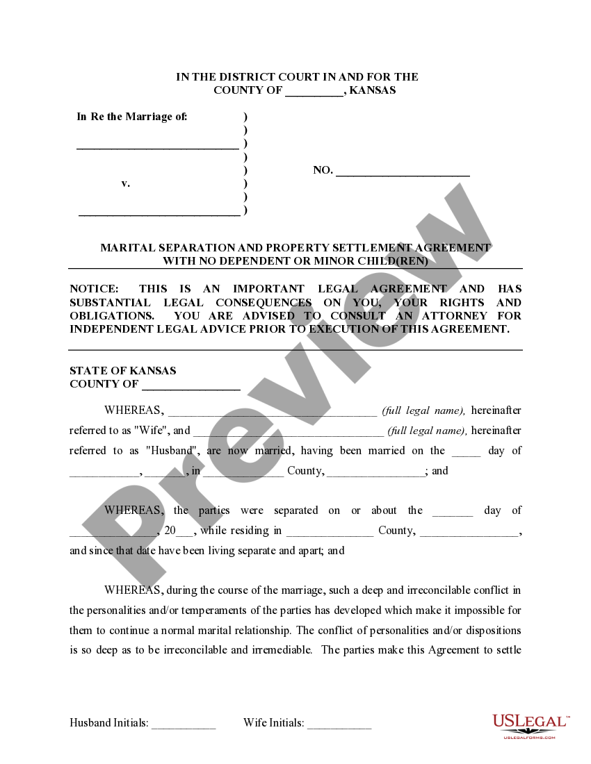 Kansas Marital Legal Separation and Property Settlement Agreement for