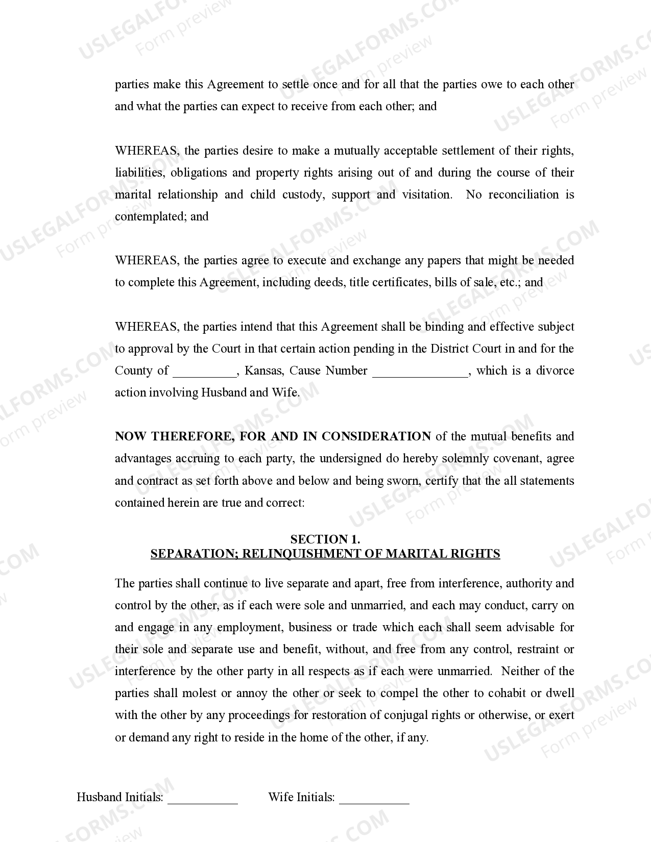 Kansas Marital Legal Separation and Property Settlement Agreement Minor