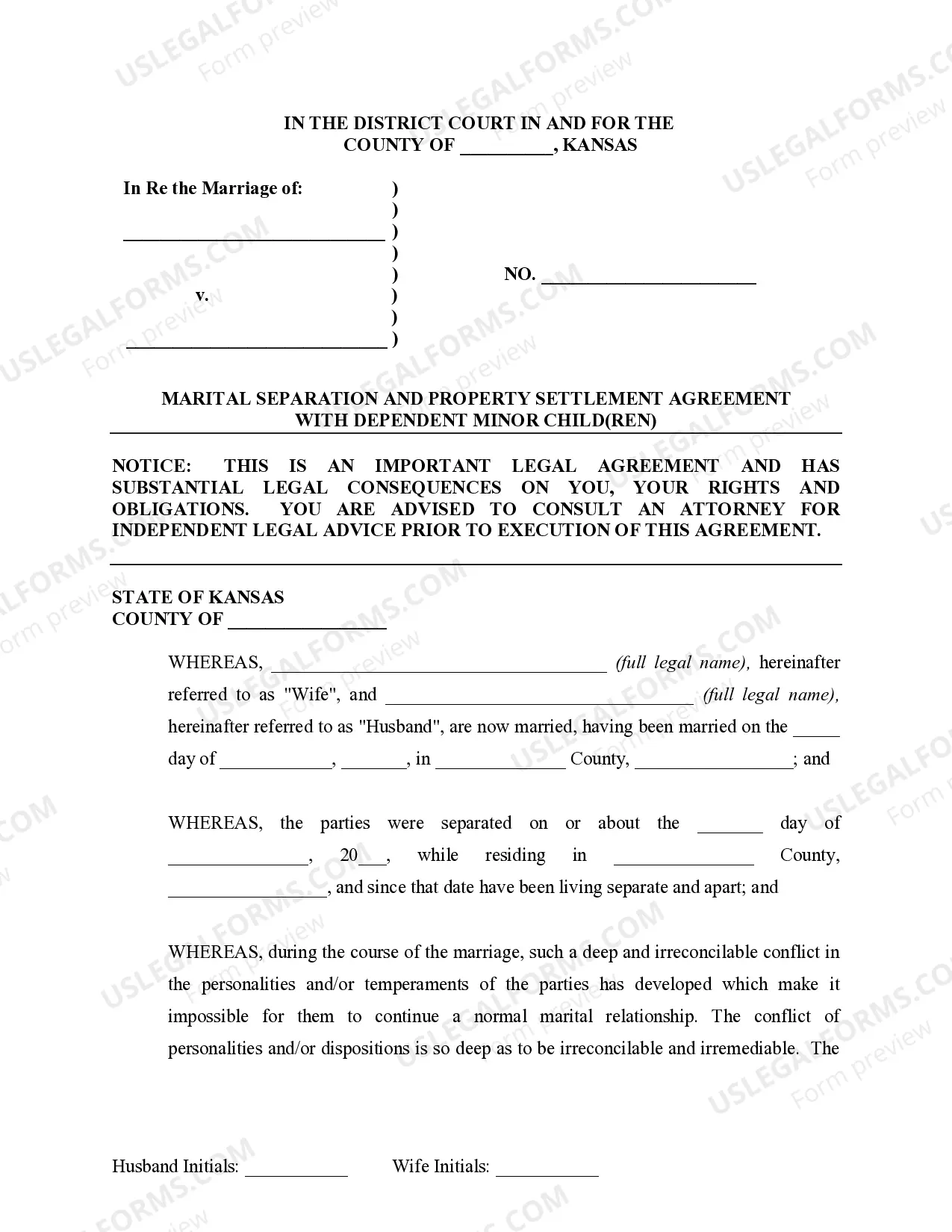 Preview Marital Legal Separation and Property Settlement Agreement Minor Children no Joint Property or Debts where Divorce Action Filed