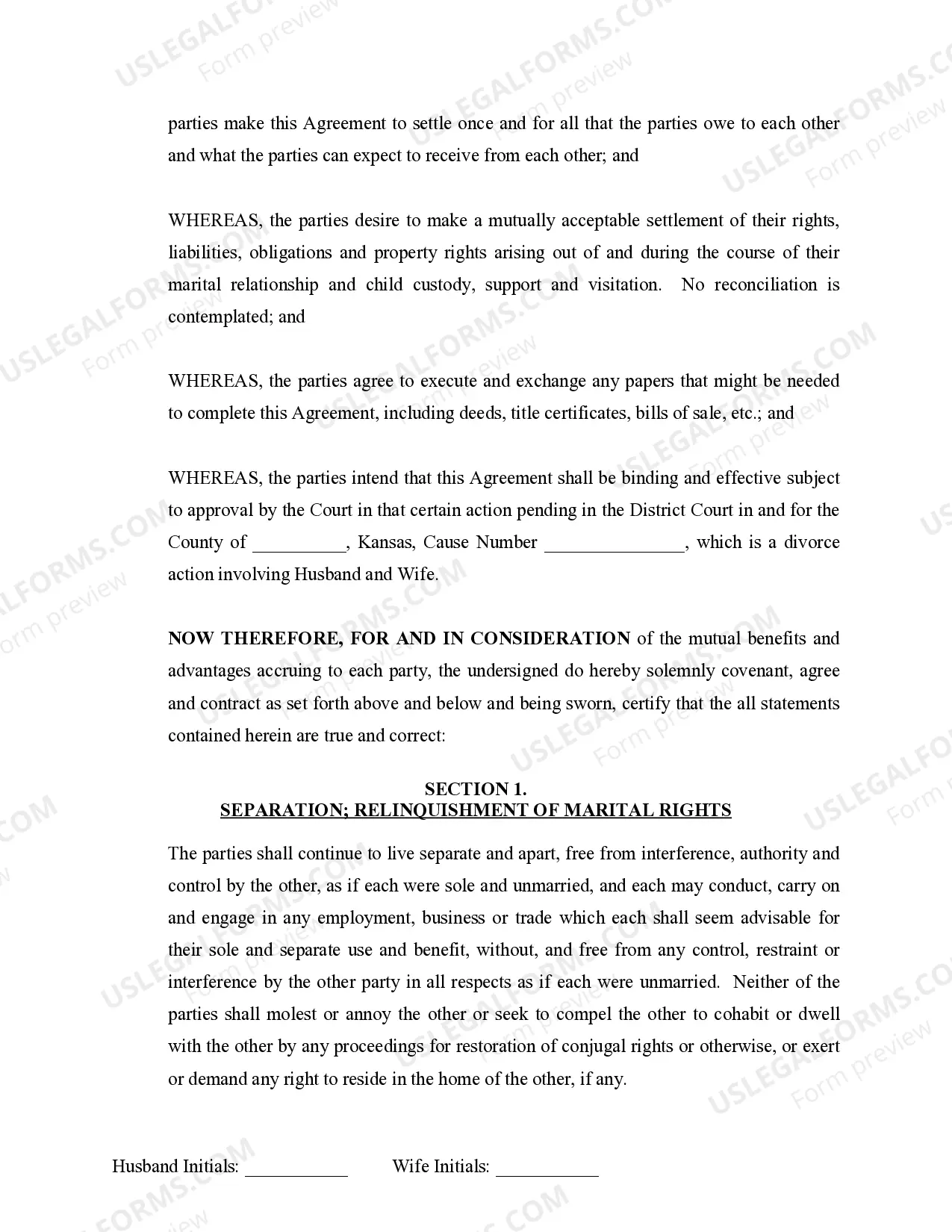 Preview Marital Legal Separation and Property Settlement Agreement Minor Children no Joint Property or Debts where Divorce Action Filed