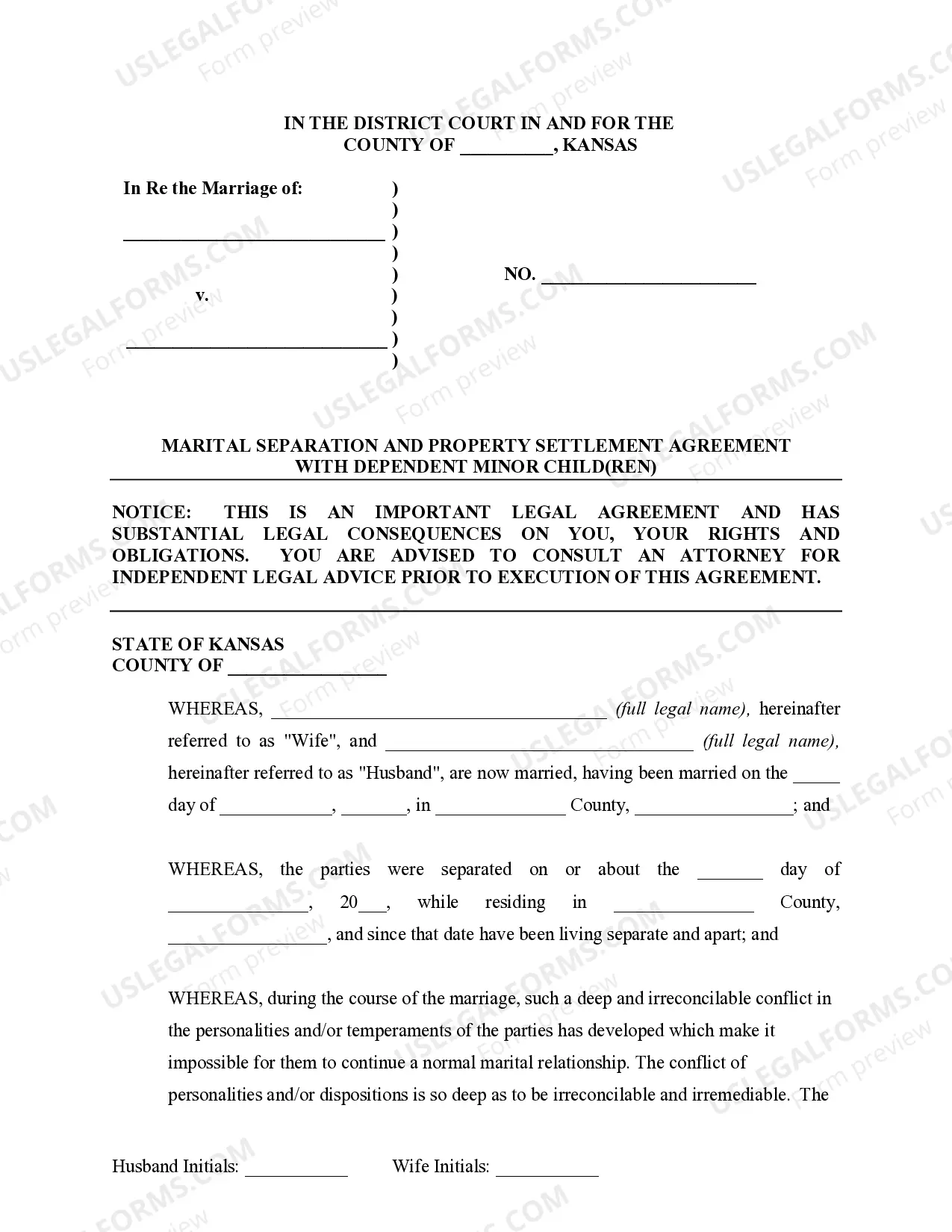Preview Marital Legal Separation and Property Settlement Agreement Minor Children Parties May have Joint Property or Debts where Divorce Action Filed