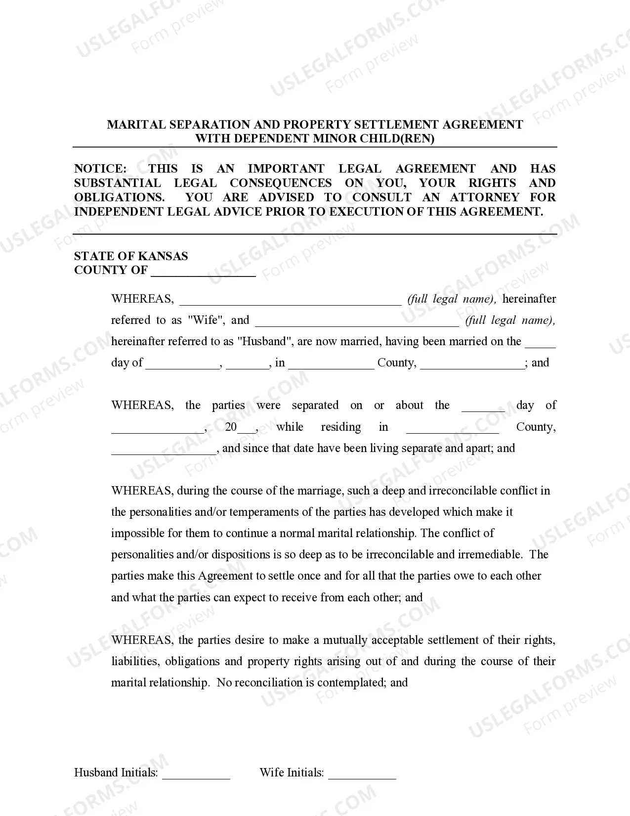 Preview Marital Legal Separation and Property Settlement Agreement Minor Children Parties May have Joint Property or Debts effective Immediately