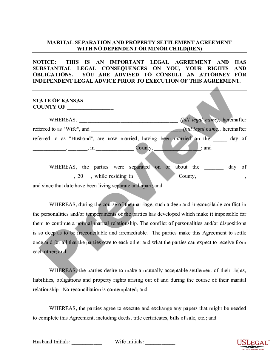 Kansas Marital Legal Separation and Property Settlement Agreement for