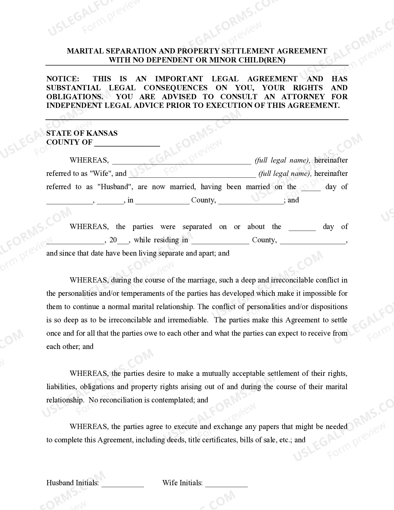 Preview Marital Legal Separation and Property Settlement Agreement for persons with no Children, no Joint Property, or Debts Effective Immediately
