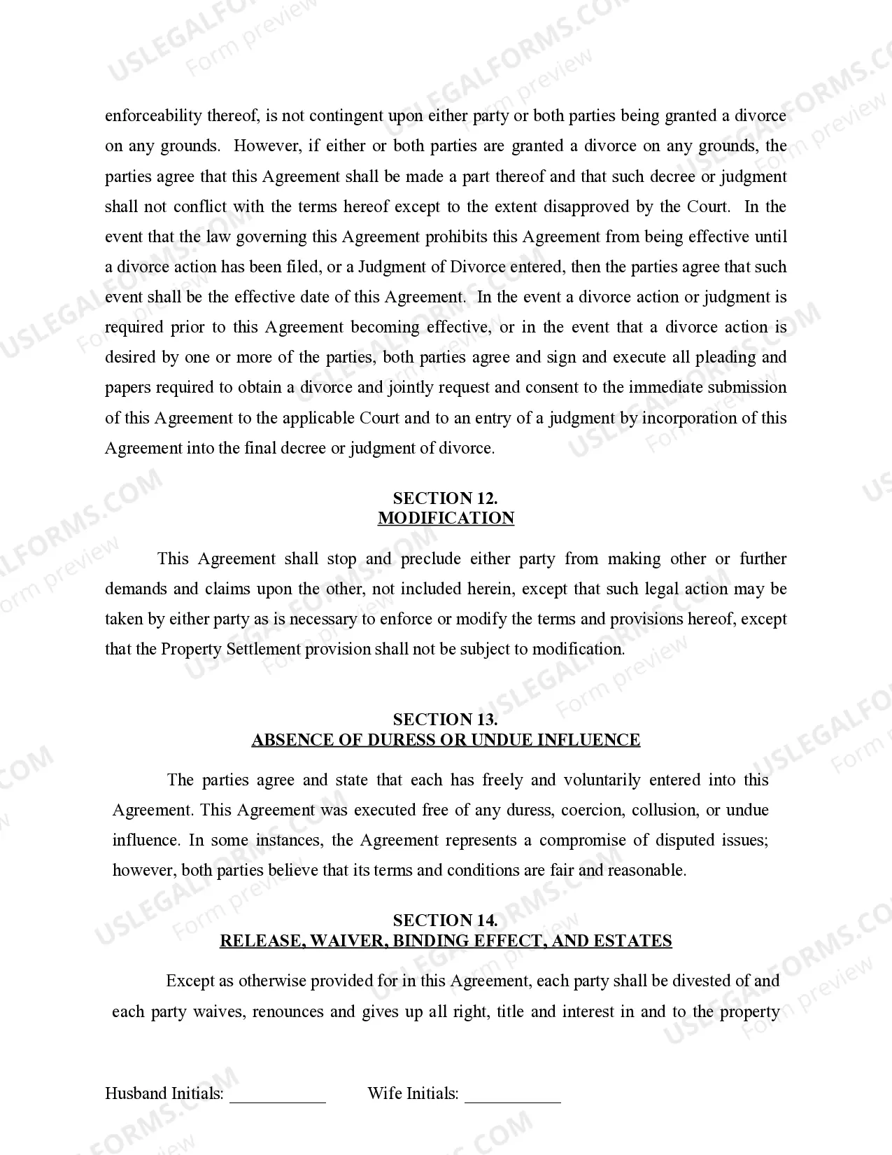 Preview Marital Legal Separation and Property Settlement Agreement for persons with no Children, no Joint Property, or Debts Effective Immediately