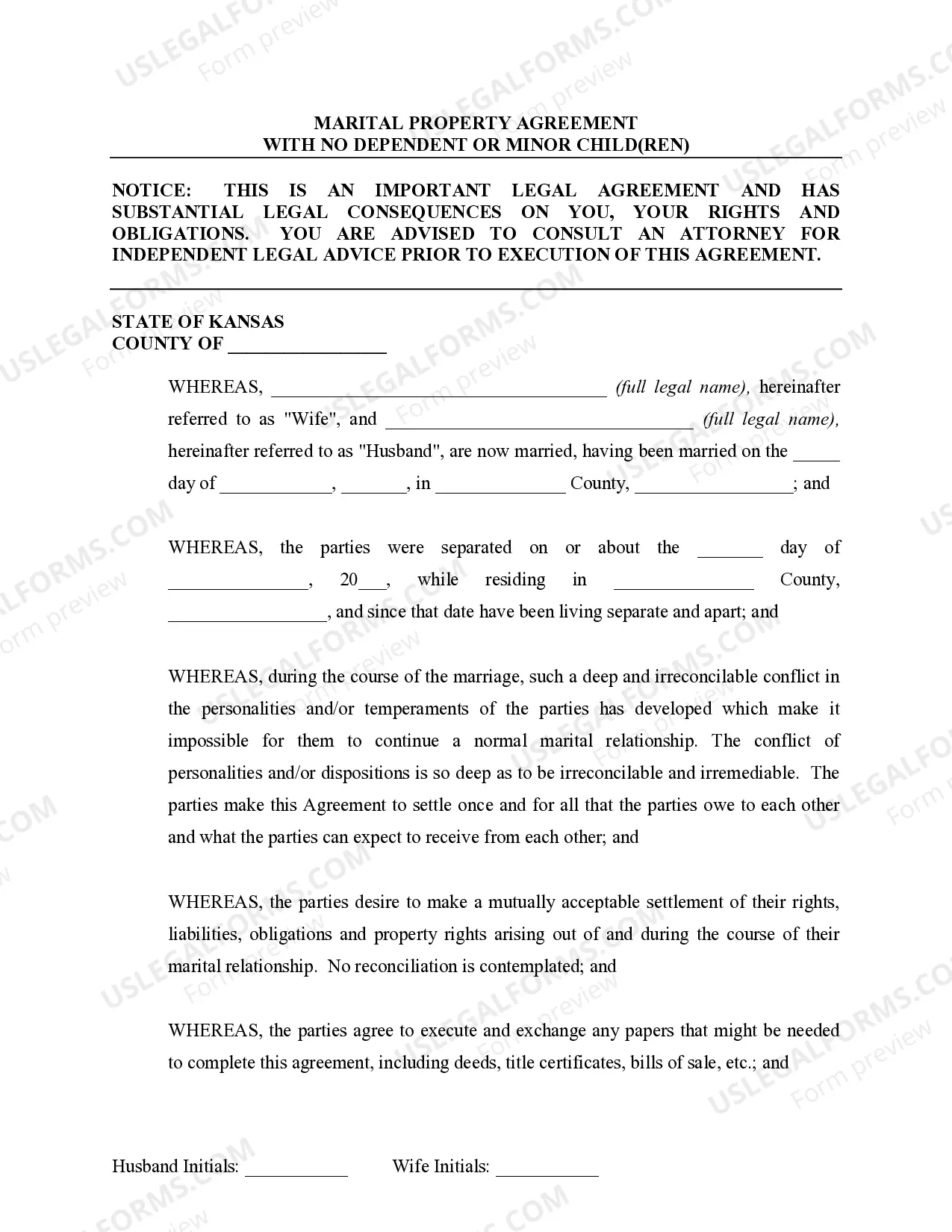 Preview Marital Legal Separation and Property Settlement Agreement no Children parties may have Joint Property or Debts Effective Immediately