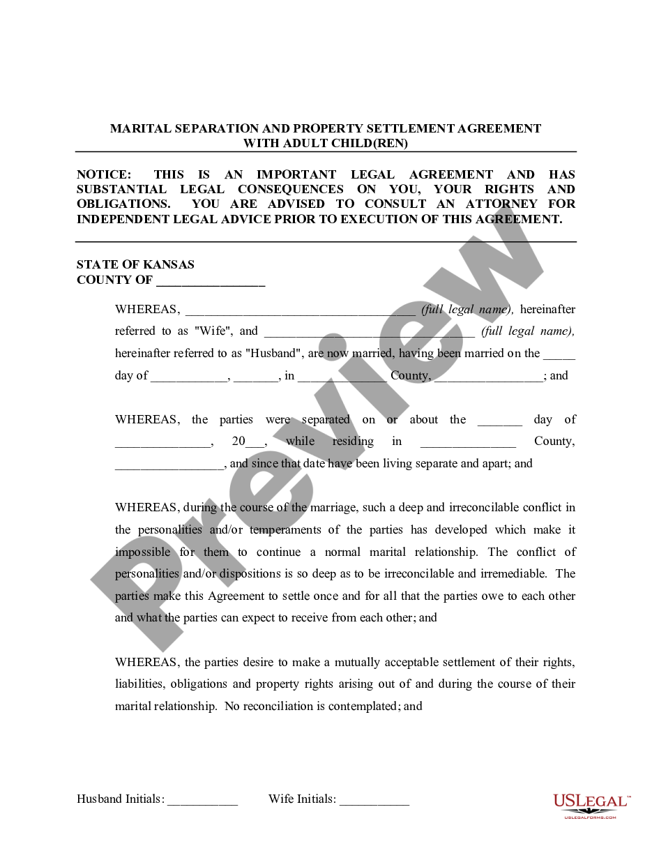 Kansas Marital Legal Separation and Property Settlement Agreement Adult