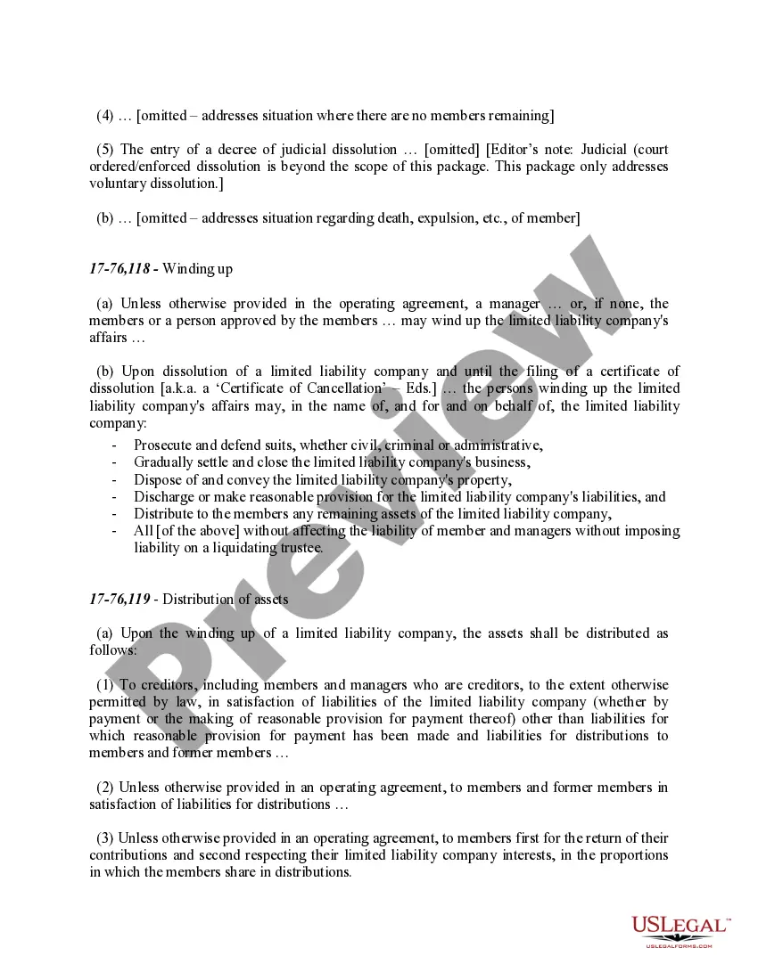 Get Kansas Dissolution Package to Dissolve Limited Liability Company LLC Preview Kansas Dissolution Package to Dissolve Limited Liability Company LLC
