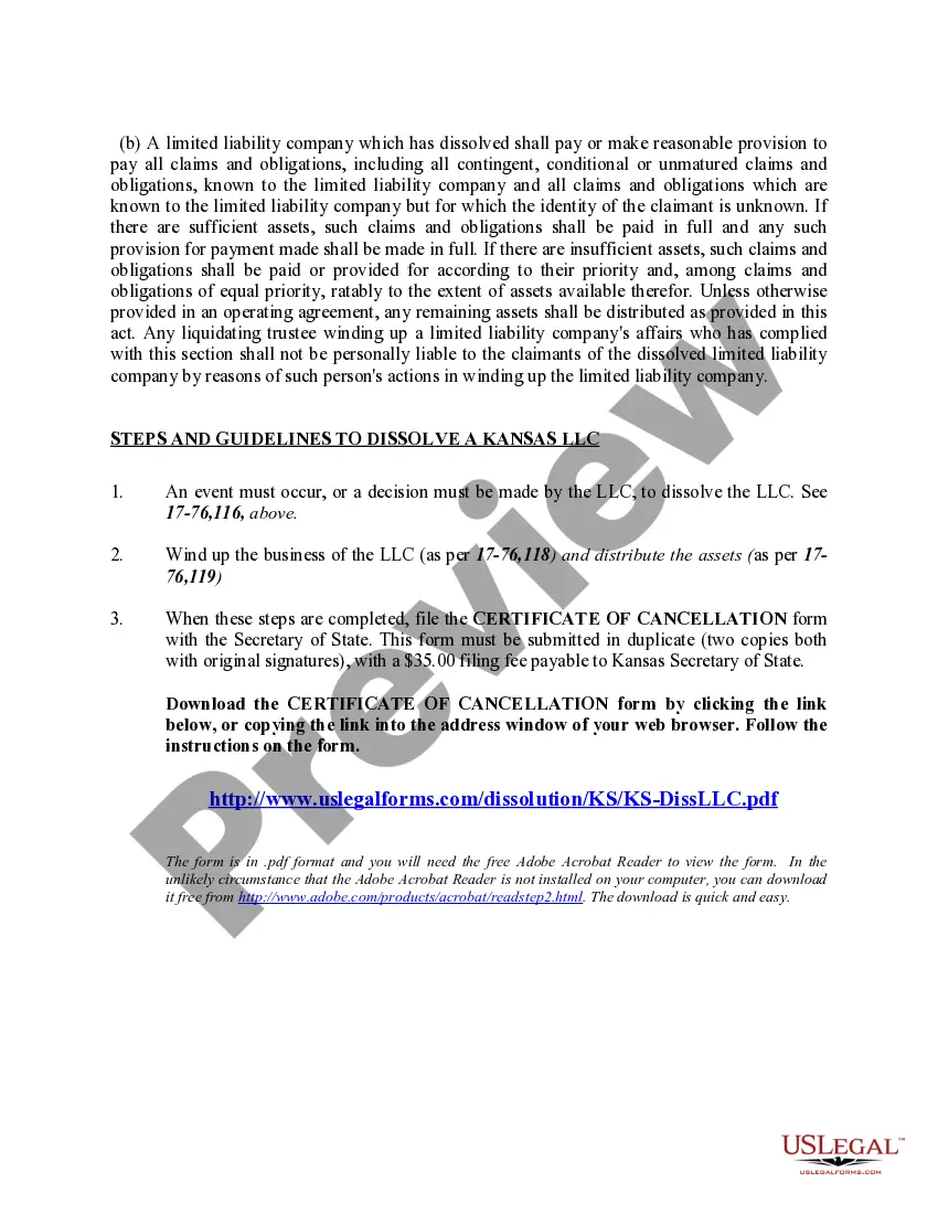 Get Kansas Dissolution Package to Dissolve Limited Liability Company LLC Preview Kansas Dissolution Package to Dissolve Limited Liability Company LLC
