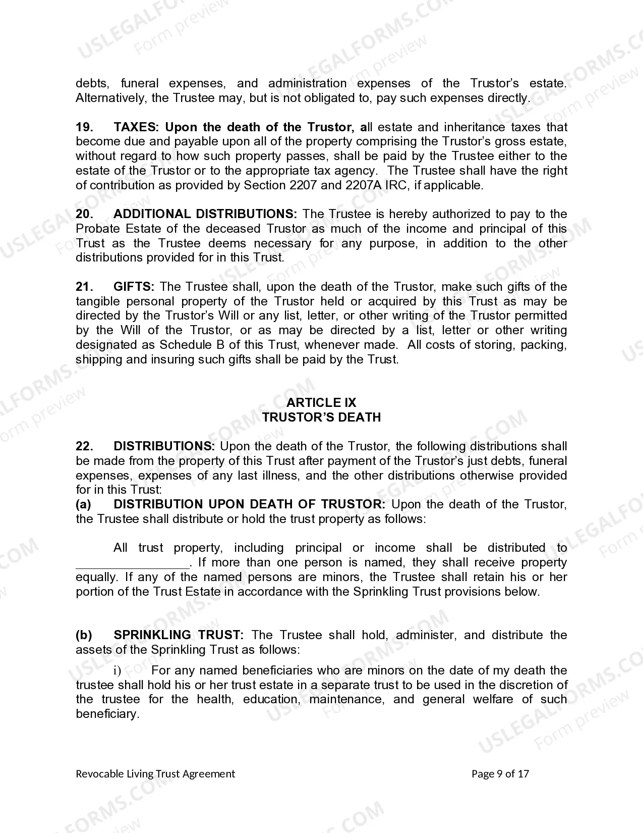 Preview Living Trust for Individual Who is Single, Divorced or Widow (or Widower) with No Children