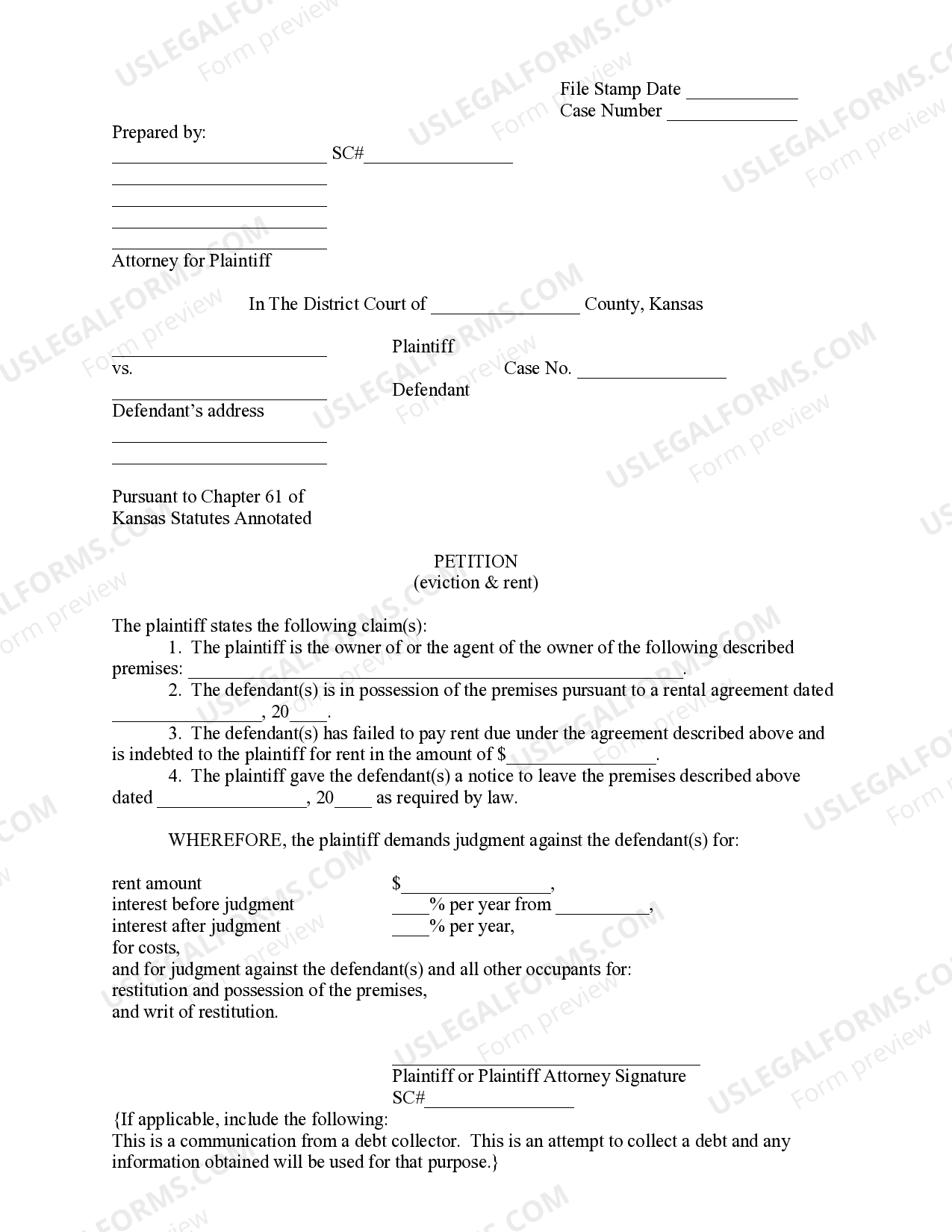 Kansas Petition for Eviction and Past Due Rent US Legal Forms