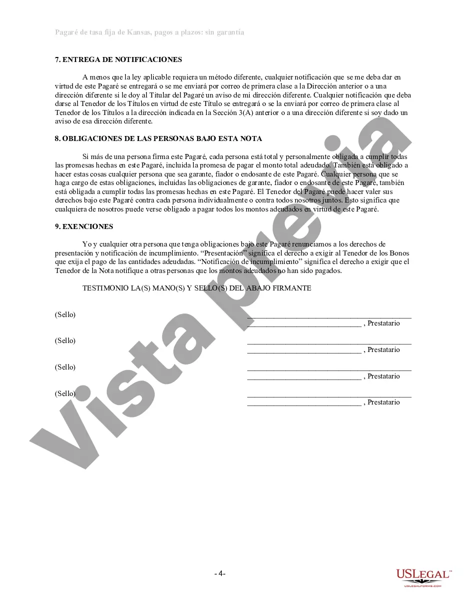 Preview Pagaré de pago a plazos no garantizado de Kansas para tasa fija