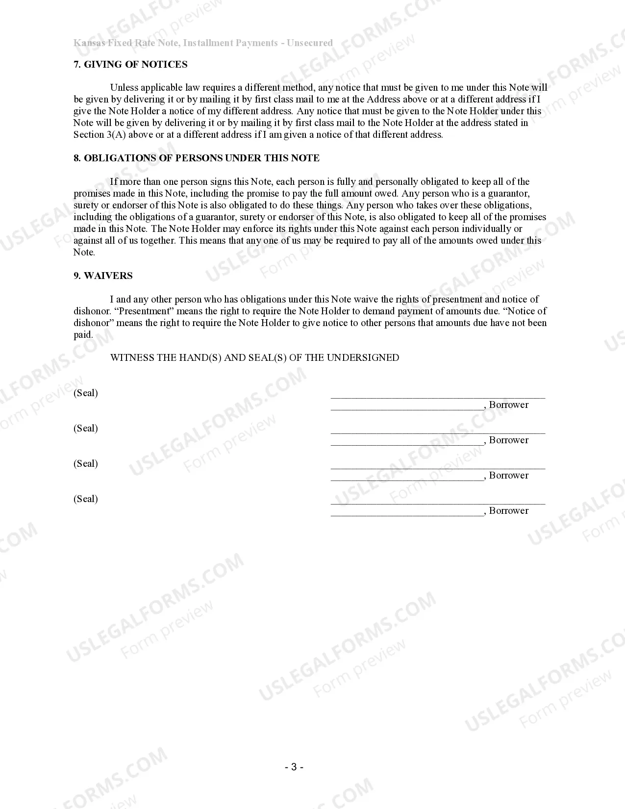 Preview Kansas Unsecured Installment Payment Promissory Note for Fixed Rate