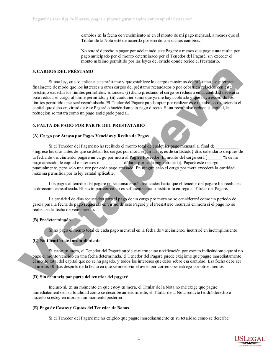 Get Pagaré de Tasa Fija en Cuotas de Kansas Garantizado por Bienes Personales Preview Pagaré de Tasa Fija en Cuotas de Kansas Garantizado por Bienes Personales
