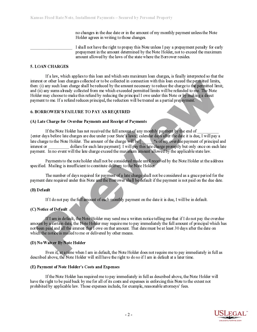 Get Kansas Installments Fixed Rate Promissory Note Secured by Personal Property Preview Kansas Installments Fixed Rate Promissory Note Secured by Personal Property