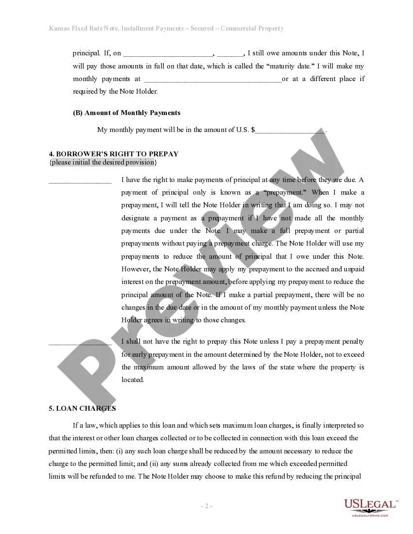 Preview Kansas Installments Fixed Rate Promissory Note Secured by Commercial Real Estate
