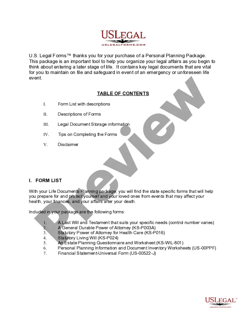 Get Kansas Life Documents Planning Package, including Will, Power of Attorney and Living Will Preview Kansas Life Documents Planning Package, including Will, Power of Attorney and Living Will
