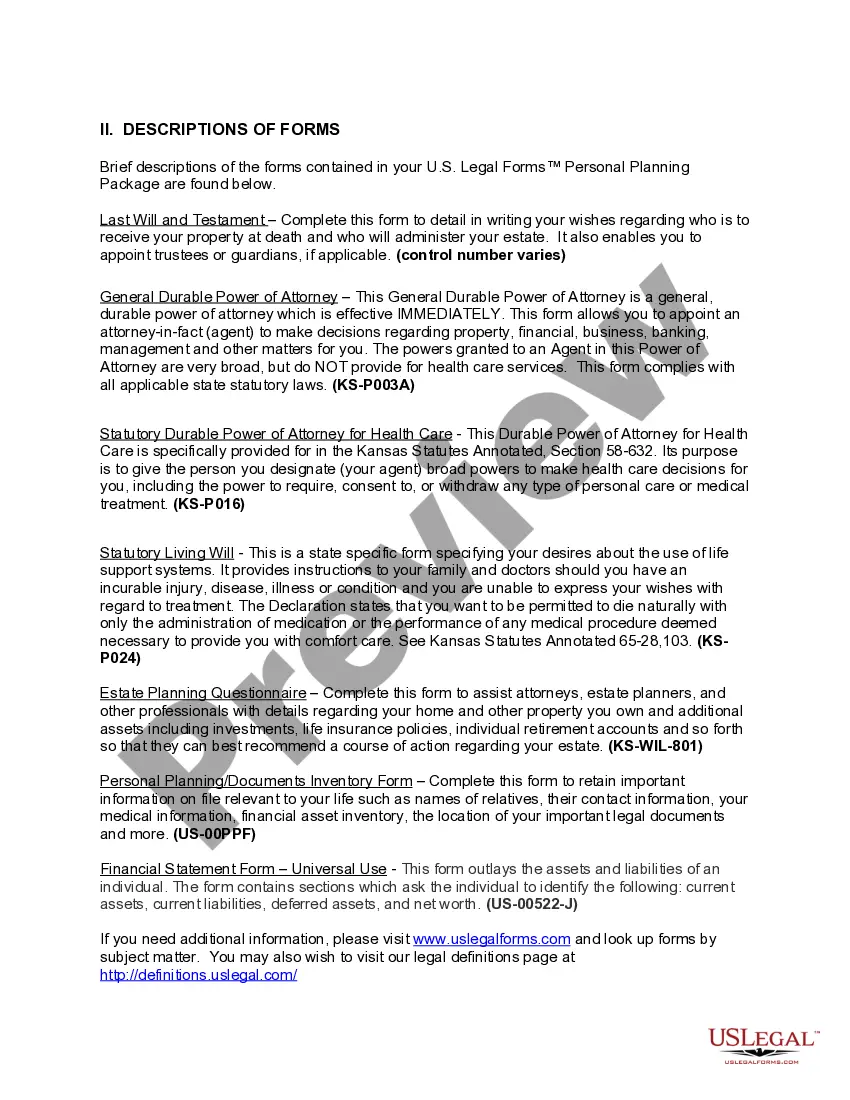 Get Kansas Life Documents Planning Package, including Will, Power of Attorney and Living Will Preview Kansas Life Documents Planning Package, including Will, Power of Attorney and Living Will