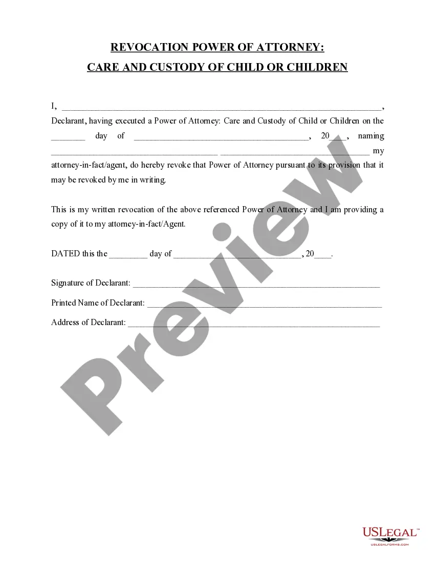 Preview Revocation of General Power of Attorney for Care and Custody of Child or Children