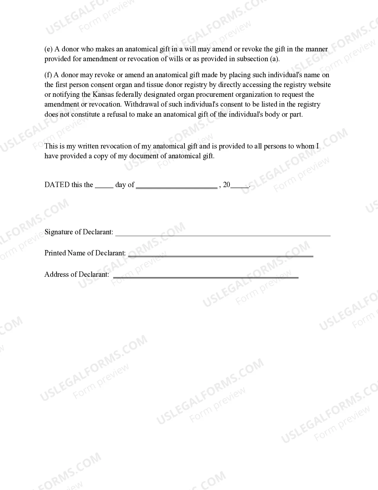 Preview Revocation of Anatomical Gift Donation